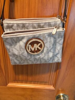 Michael Kors Gray and Cream Signature MK Double-Zip Crossbody